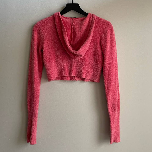 Bebe Y2K Teddy Ultra Crop Long Sleeve Zip Hoodie furry fuzzy soft pink coral - Picture 4 of 4